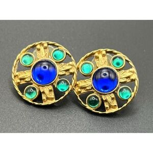 Vintage acrylic Maltese Cross  metal pierced earrings green blue rare